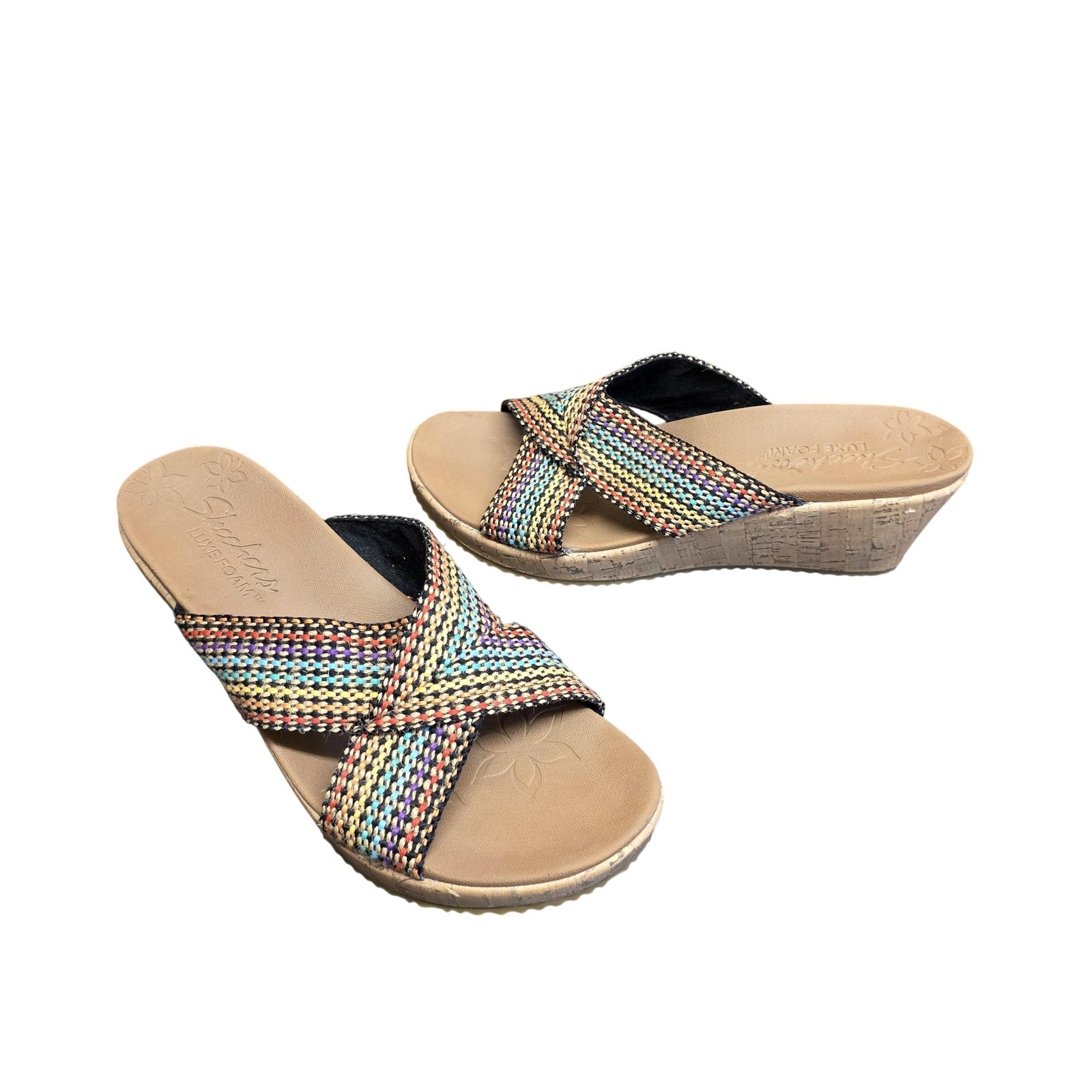 Skechers Sandals Women 10 Multicolor Wedge Slide Luxe Foam Comfort Sn 38554